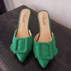 Green Suede Big Buckled Mule